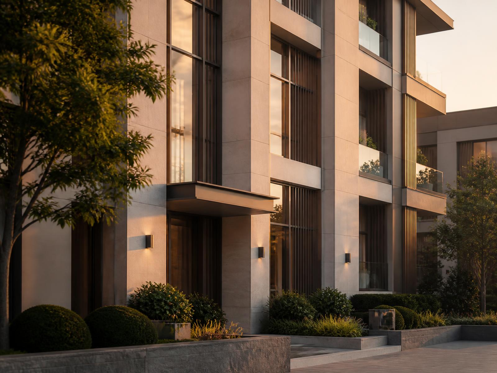 Edifício residencial premium ao entardecer